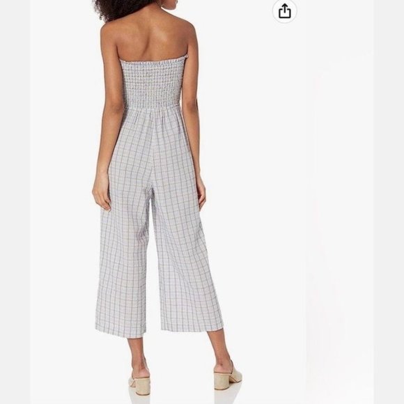 BCBG Generation Sz S Adorable Smocked Strapless Jumpsuit Blue Plaid - Picture 2 of 4